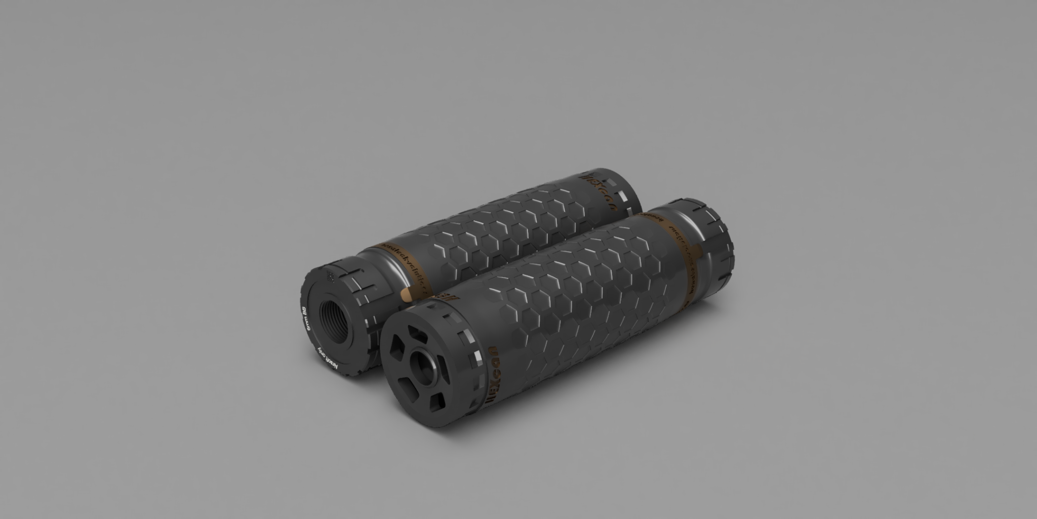 Rendering des HEX Suppressor mit dunkelgrauen, weißen und bronzefarbenen Bauteilen